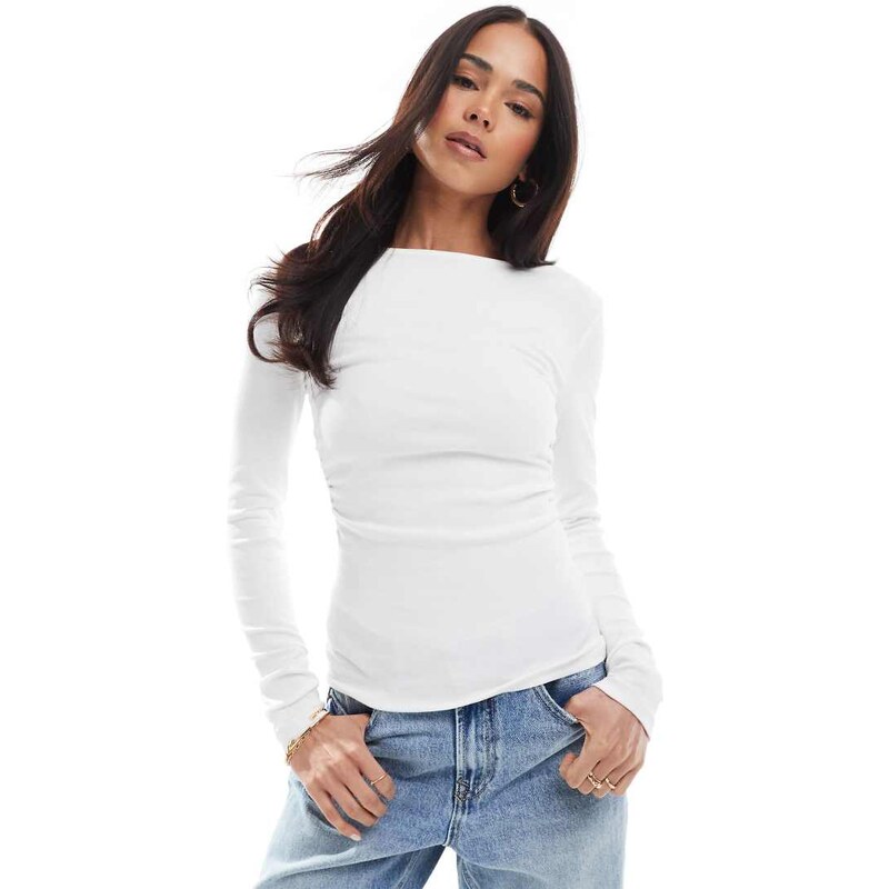Stradivarius long sleeve t-shirt with gathering in ecru-White