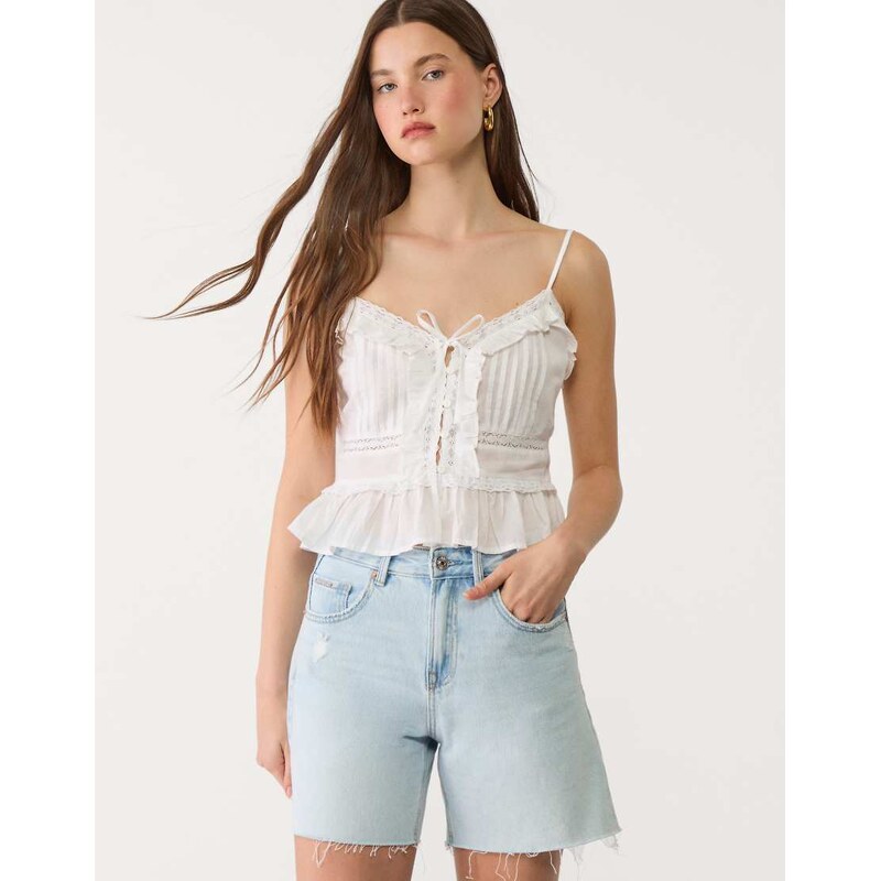Stradivarius ruffled strappy top in white 106613031