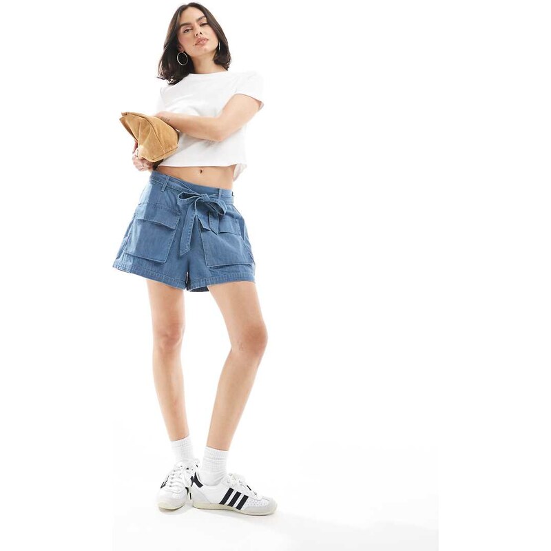 Wednesdays Girl paperbag waist chambray shorts in blue 106717349