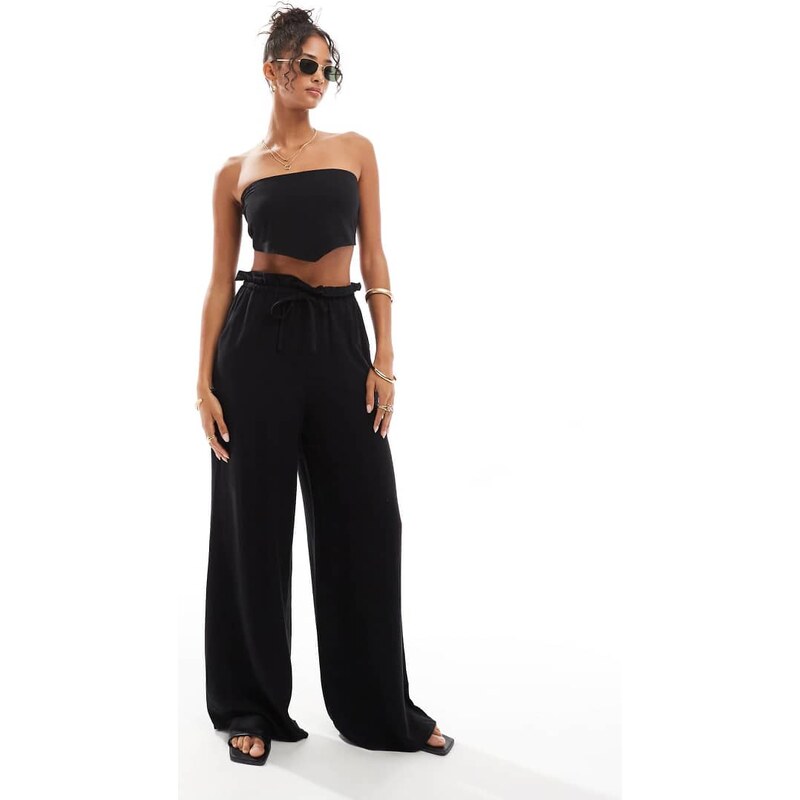 4th & Reckless beach linen blend drawstring waist trouser in black 107020235