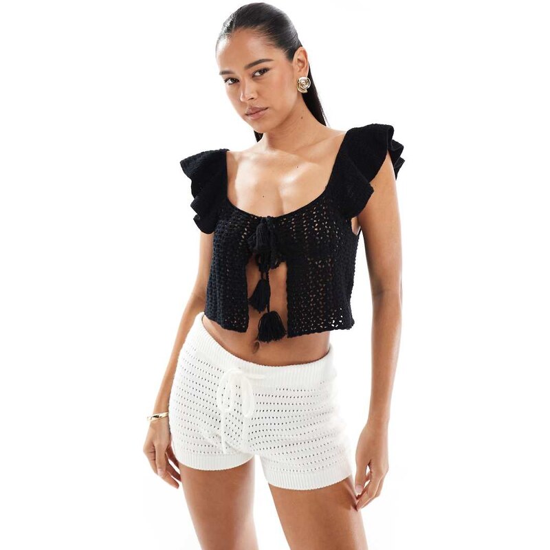 Miss Selfridge festival crochet tie detail top in black