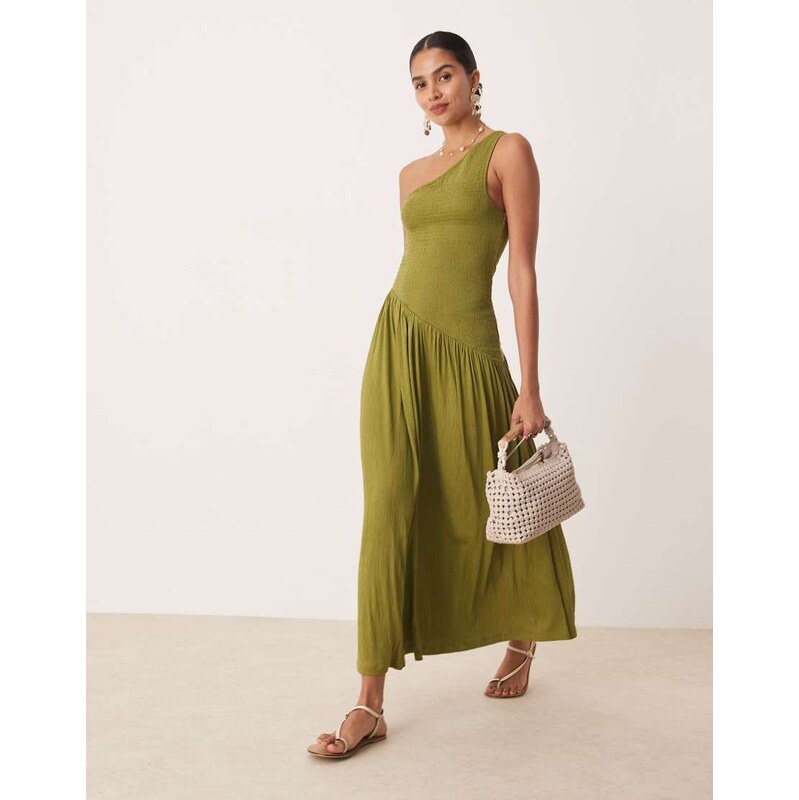 ASOS DESIGN crinkle shirred bodice one shoulder asym dropped