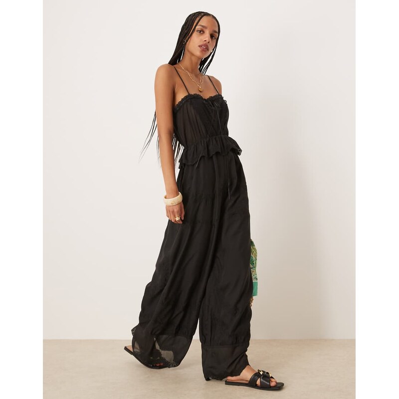 ASOS DESIGN embroidered cami ribbon detail in jumpsuit in black