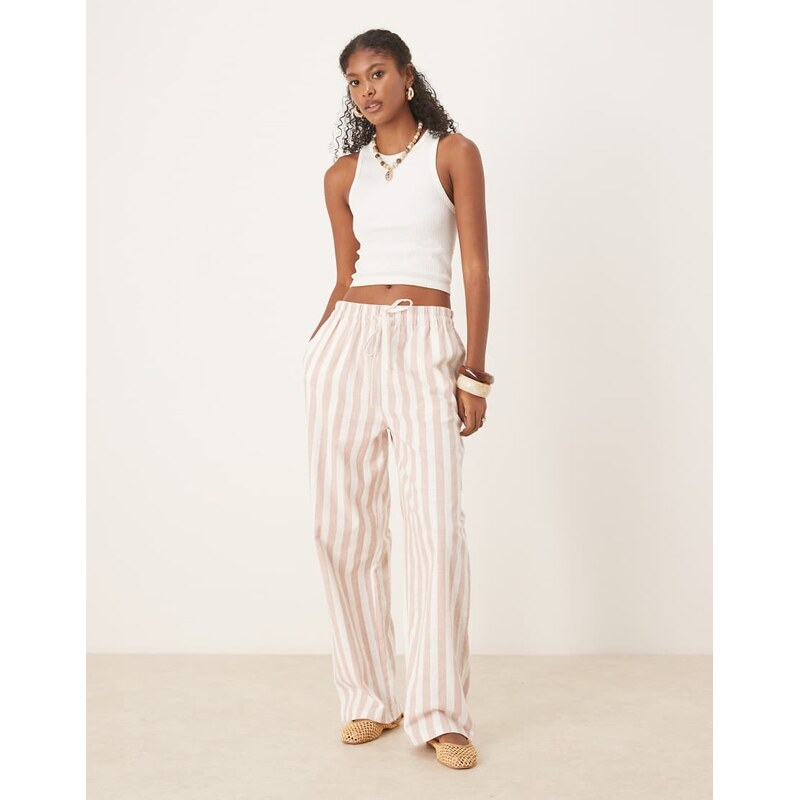 ASOS DESIGN linen look pull on tapered trousers in mink stripe-Multi 108172911