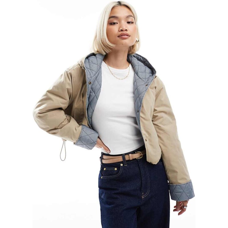 ASOS DESIGN hooded cropped jacket with gingham lining in oatmeal-Grey 109720917