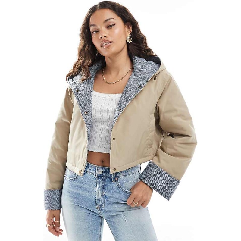 ASOS Petite ASOS DESIGN Petite hooded cropped jacket with gingham 106788013