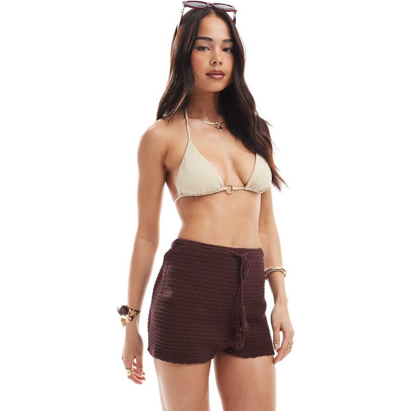 Miss Selfridge festival crochet knit booty short in chocolate-Brown 115511342