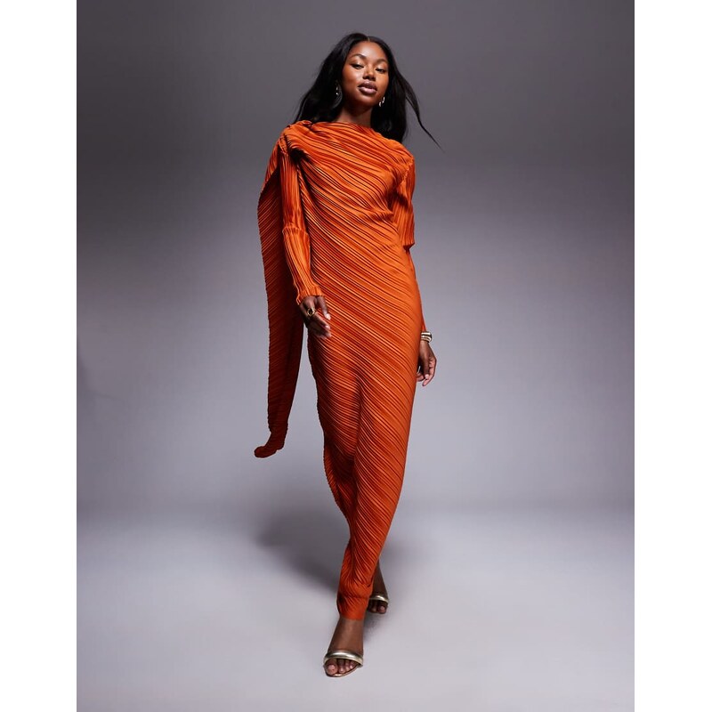 ASOS DESIGN plisse long sleeve drape detail maxi dress in burnt