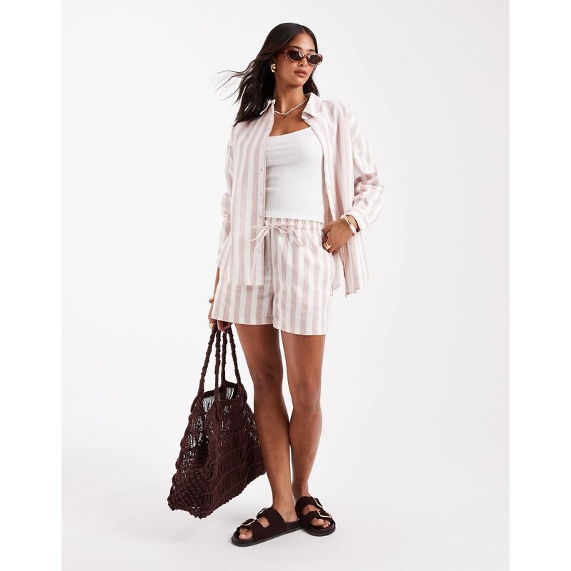 ASOS DESIGN linen look pull on shorts co-ord in mink stripe-Pink