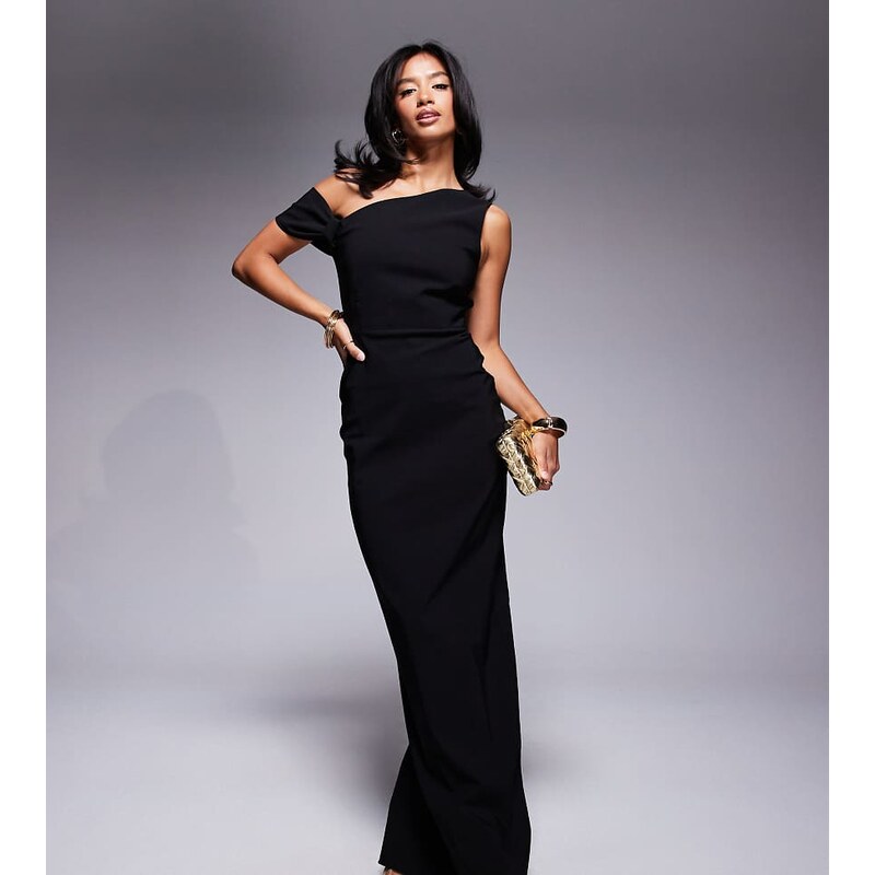 Vesper Petite bengaline one shoulder knot detail maxi bodycon dress in 115512405