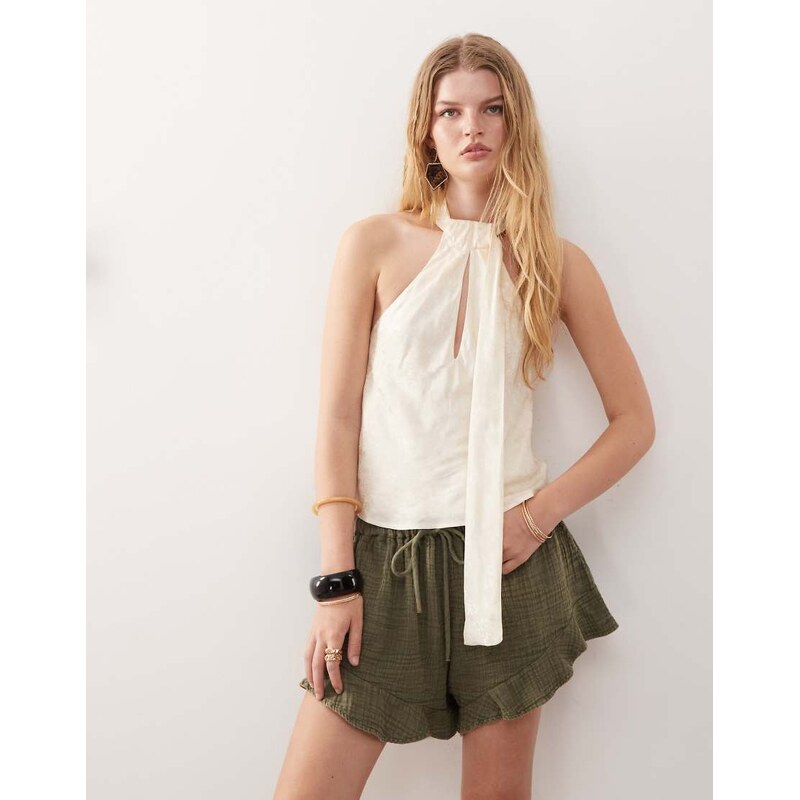 Reclaimed Vintage top with scarf detail in cream satin jacquard