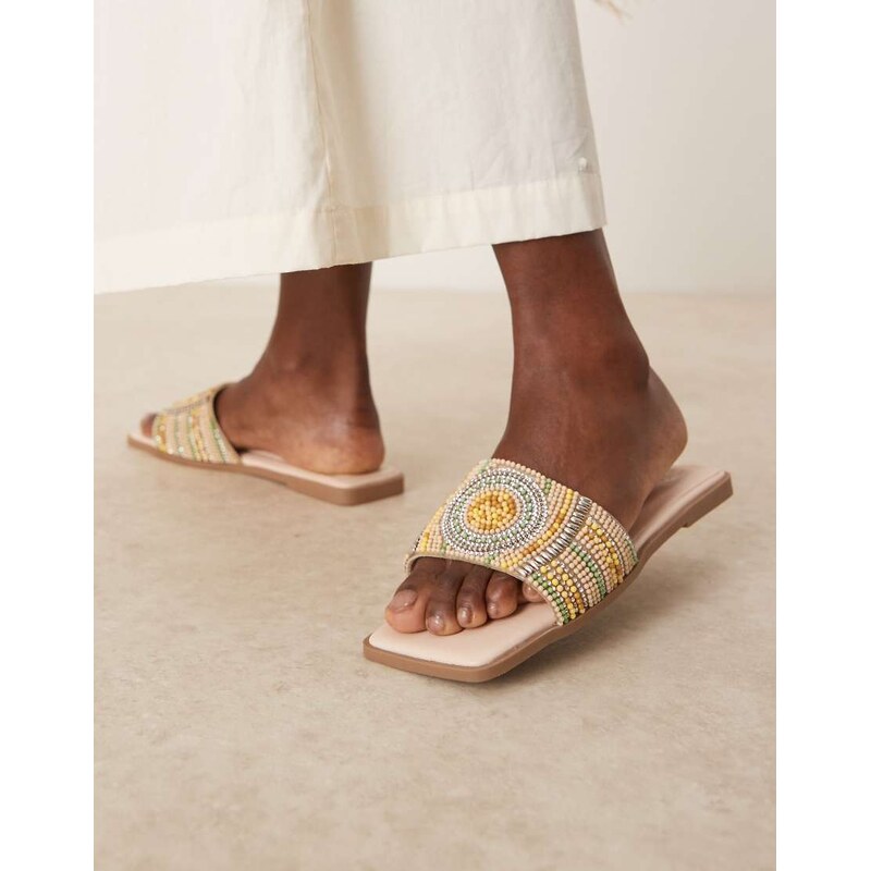 ASOS DESIGN Fig square toe flat mule sandals with beads in multi 106870963