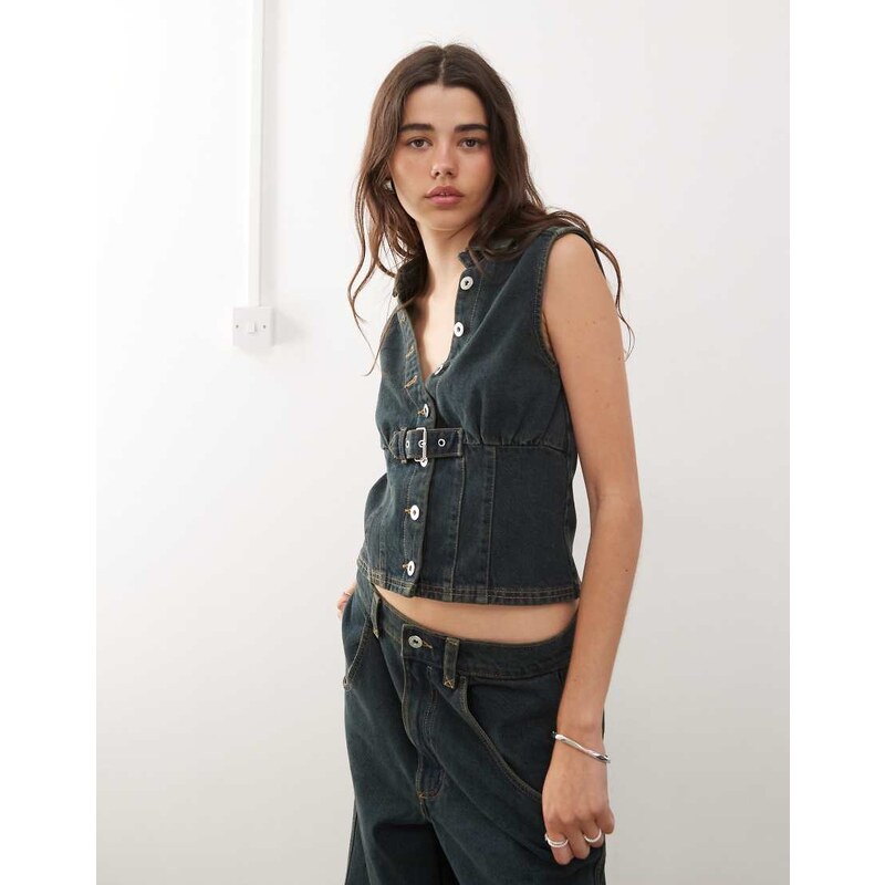 COLLUSION festival denim buckle waistcoat co-ord in green wash 107236889