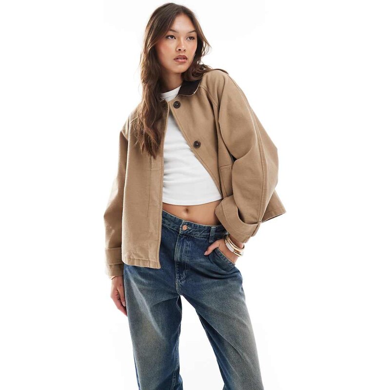 ASOS DESIGN jacket with contrast collar in stone-No colour