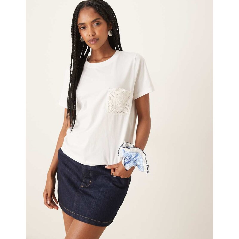 JDY crochet pocket detail t-shirt in white