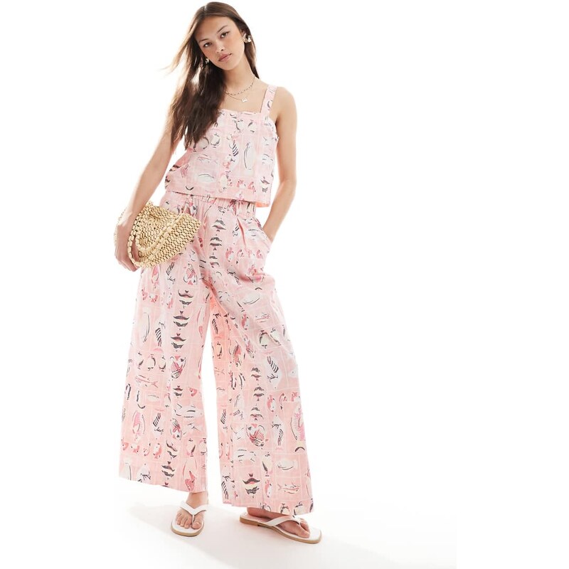 Object vintage wash wide leg cotton trouser co-ord in pink fish print 106638118
