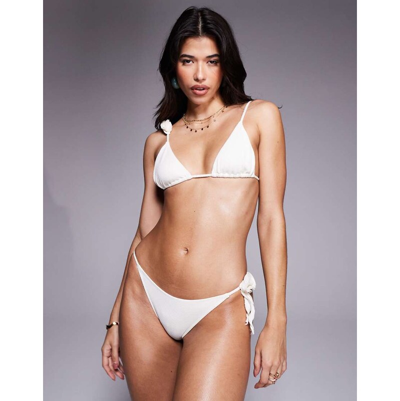 ASOS DESIGN tanga side bikini bottom in micro waffle with corsage 115511492