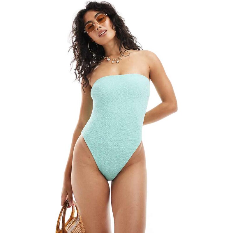 ASOS DESIGN Charlene textured bandeau swimsuit in mint-Green 113401896