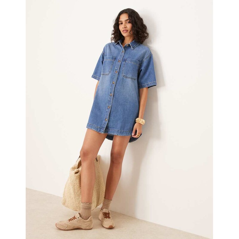ASOS DESIGN denim short sleeve shirt mini dress in midwash blue