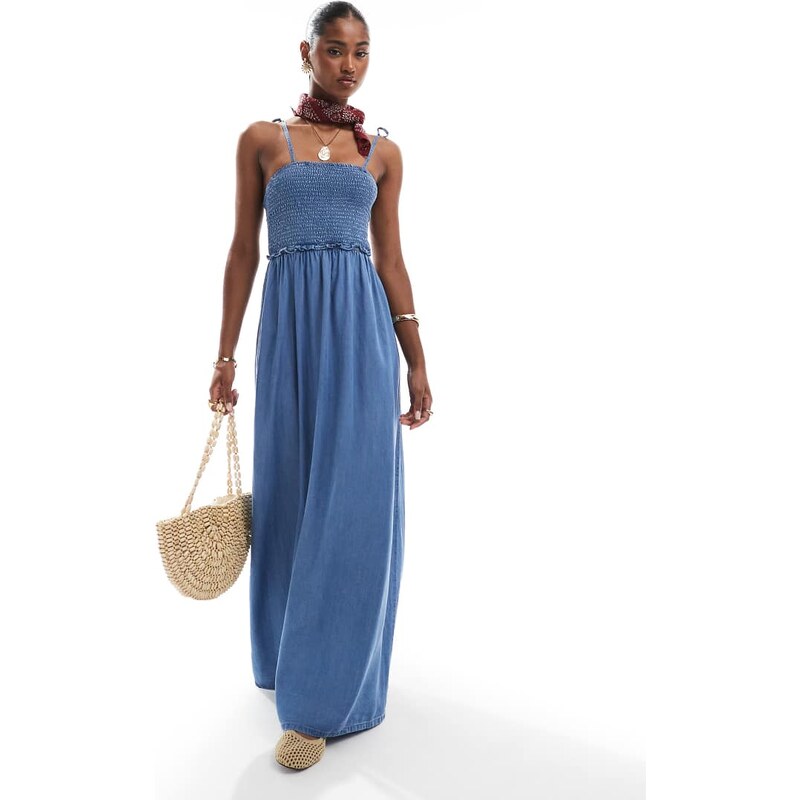 ONLY smock maxi dress in mid blue denim