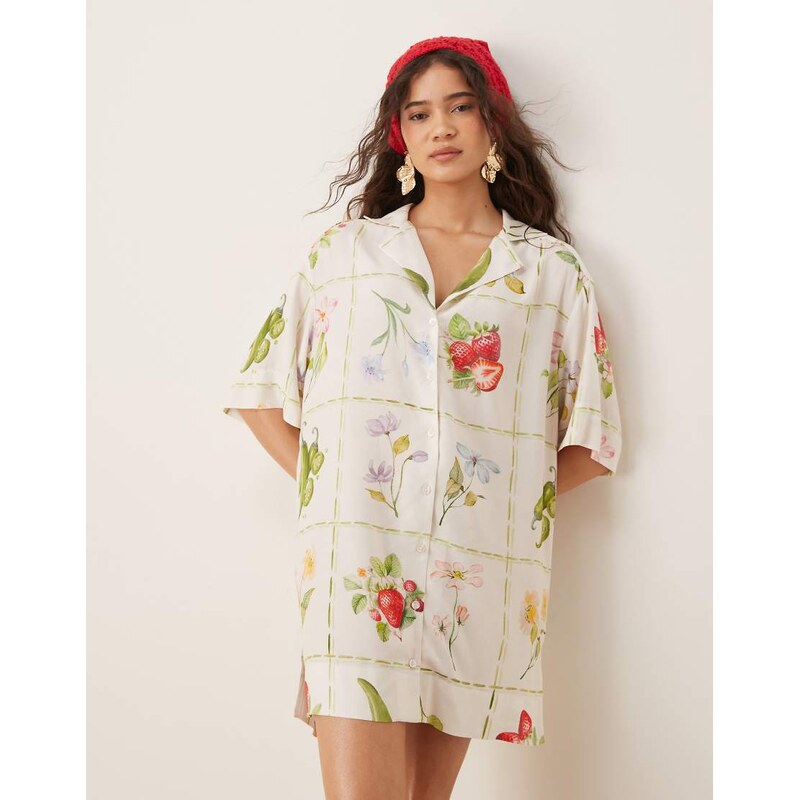 ASOS DESIGN bowling shirt dress in postcard print-Multi