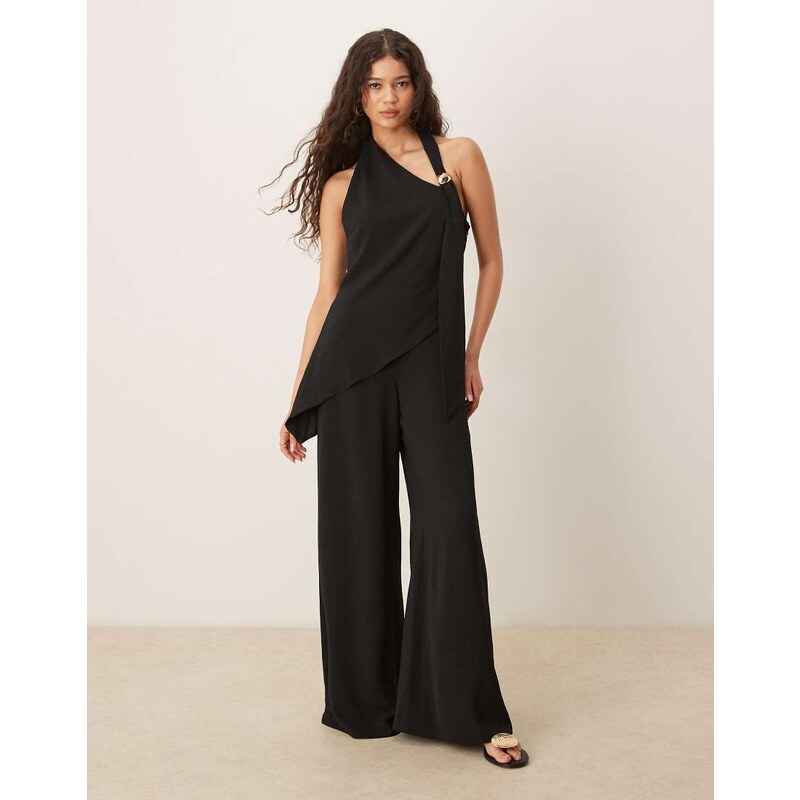 ASOS DESIGN trim detail halter overlay jumpsuit in black 106638222
