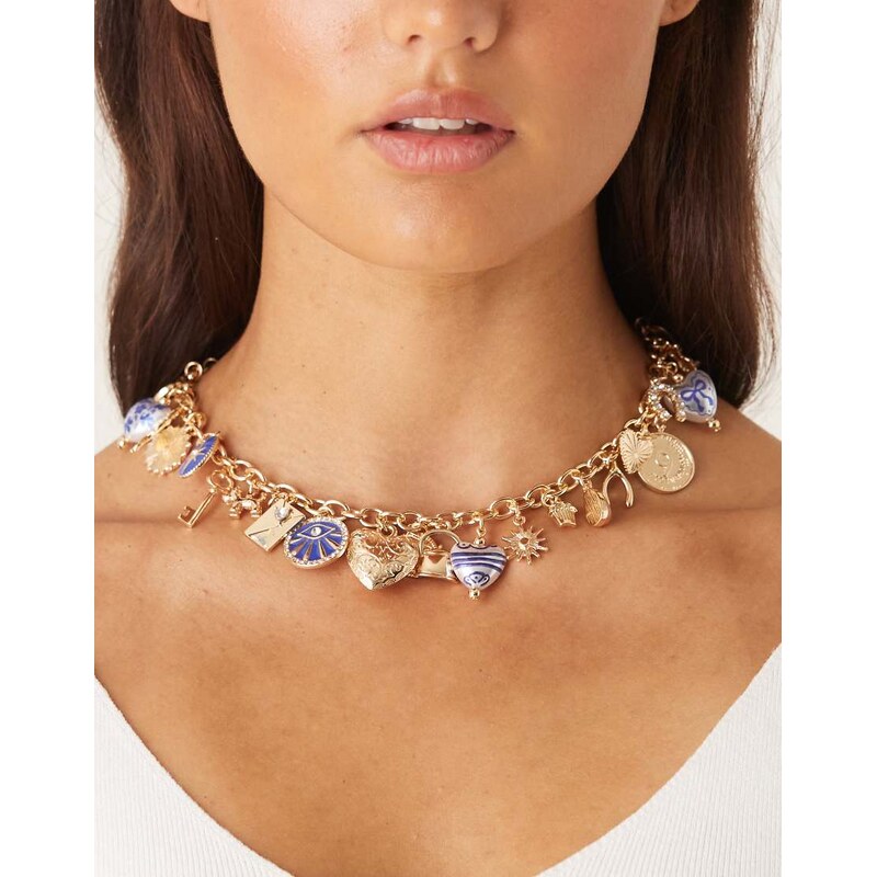 ASOS DESIGN Limited Edition short charm necklace in gold tone with 106638228