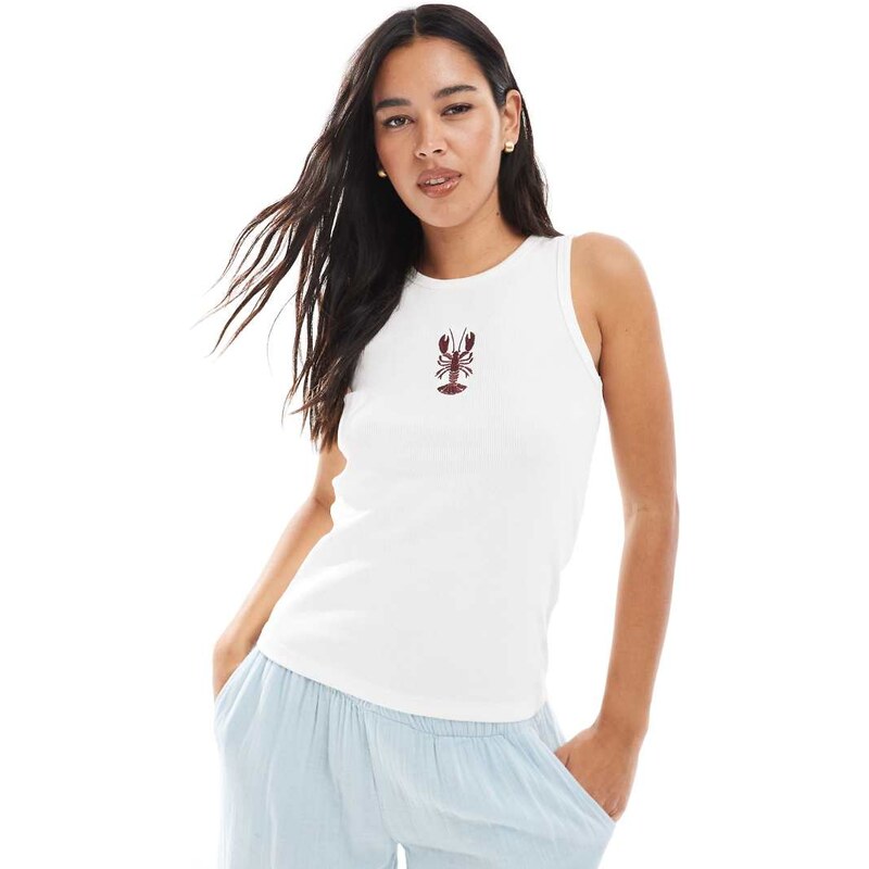 Pieces lobster embroidered vest top in white 113262094
