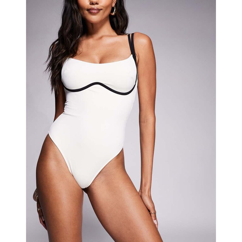 Wolf & Whistle swimsuit with contrast binding in cream-Multi