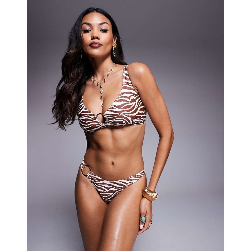Wolf & Whistle bikini bottom with gold ring detail in brown