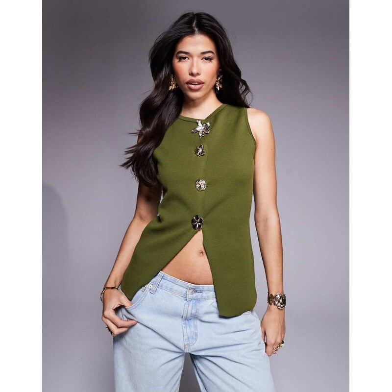 ASOS DESIGN knitted button front waistcoat with flower buttons in 106638311