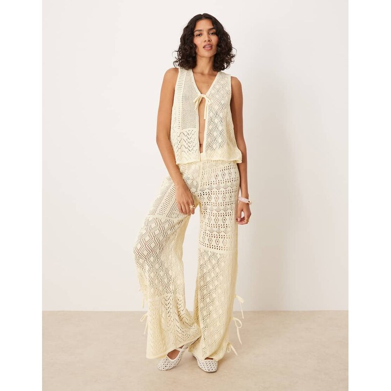 ASOS DESIGN knitted tie front trouser co-ord in ecru-White