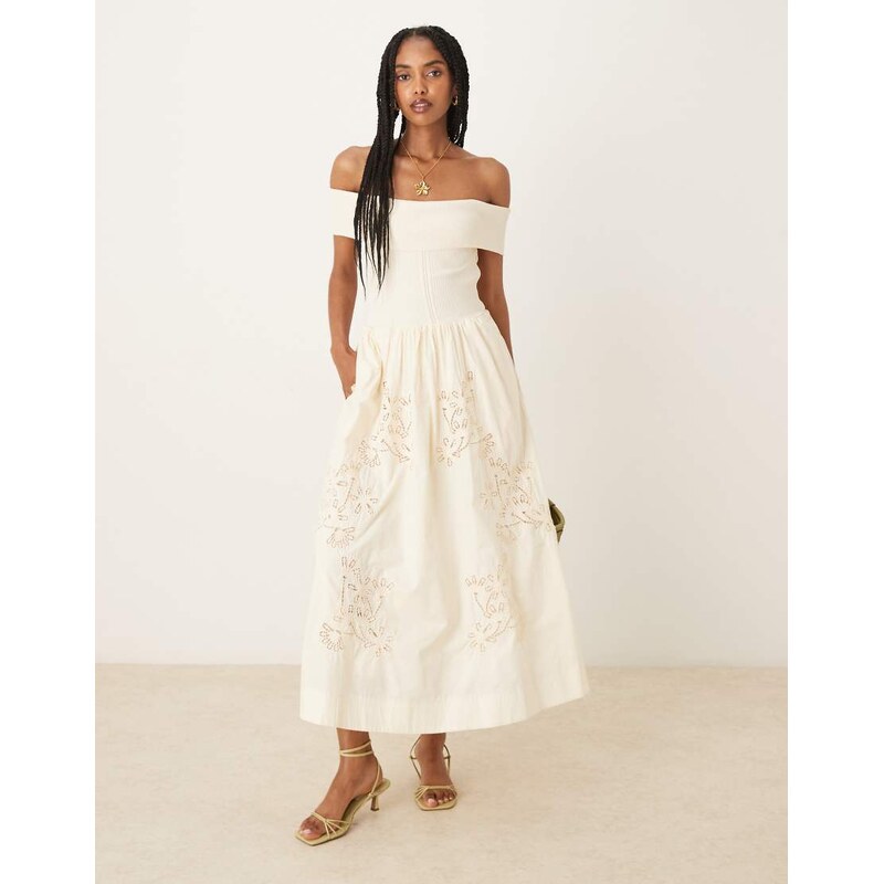 Mango bardot knitted bodice a-line maxi dress with cut out detailing 106641418