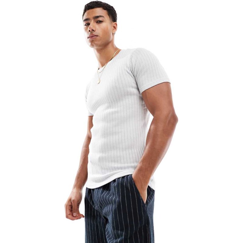 Jack & Jones muscle fit ribbed t-shirt in light grey