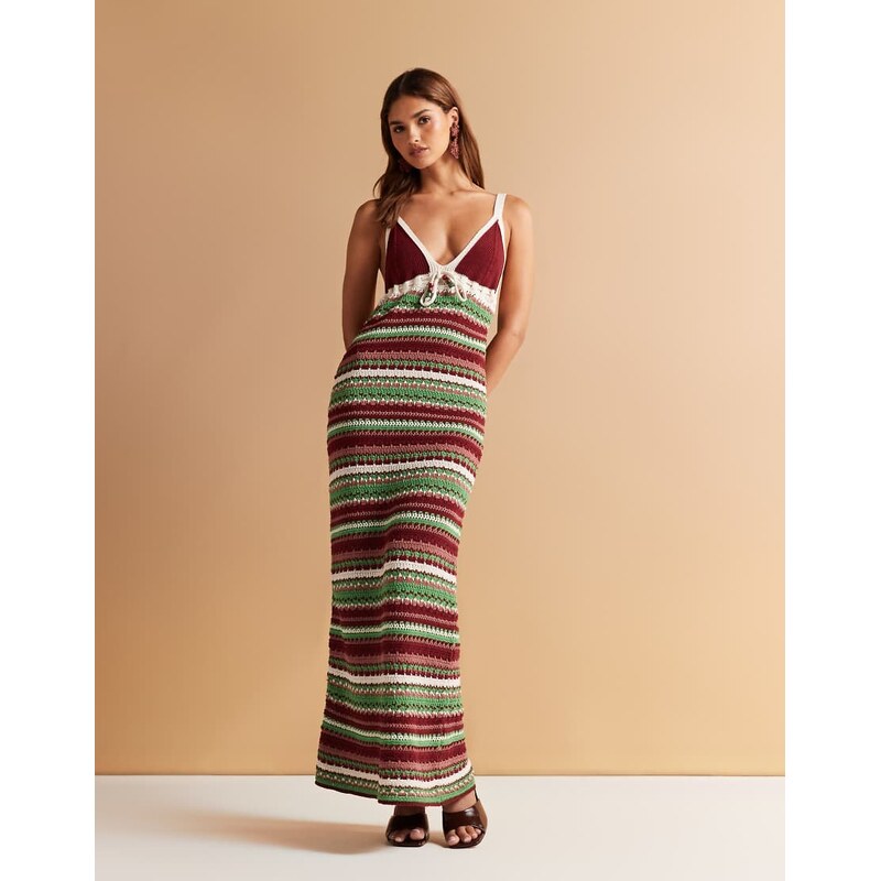 ASOS DESIGN crochet knit maxi dress with beaded tie in multi