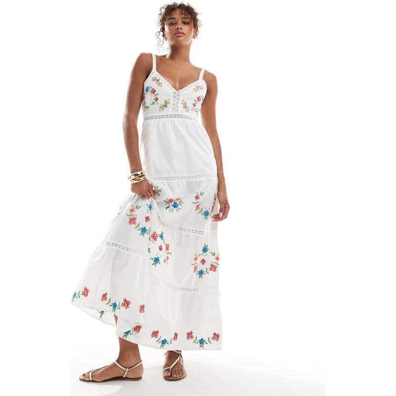 Miss Selfridge embroidered heritage maxi dress in white-Multi