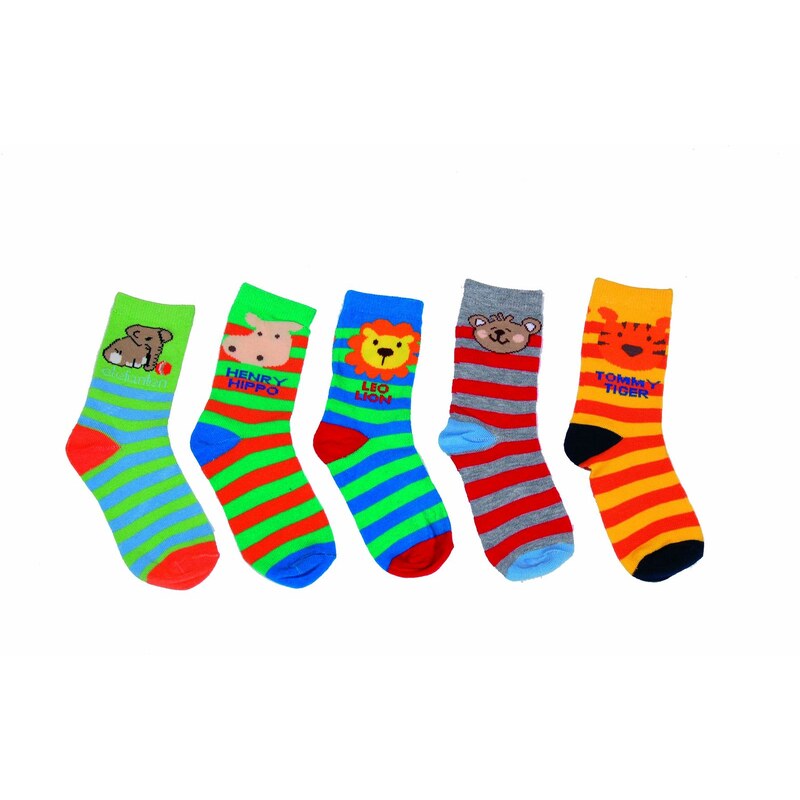 PIDILIDI Dětský set 5 párů pruhovaných ponožek se zvřátky - barevný