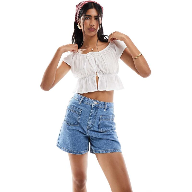Miss Selfridge patch pocket denim short in mid wash-Blue 106641539
