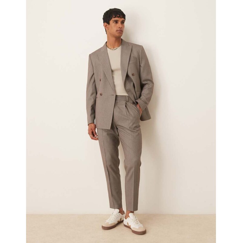 ASOS DESIGN tapered suit trousers in brown pinstripe twill