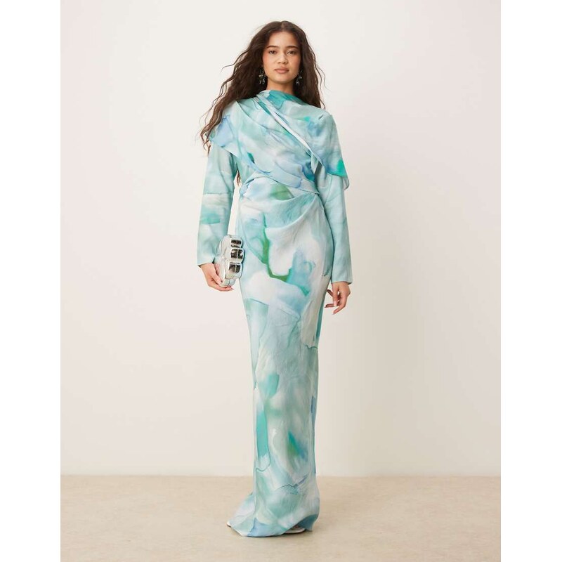 ASOS DESIGN high neck draped bodice maxi dress in green abstract print-Multi