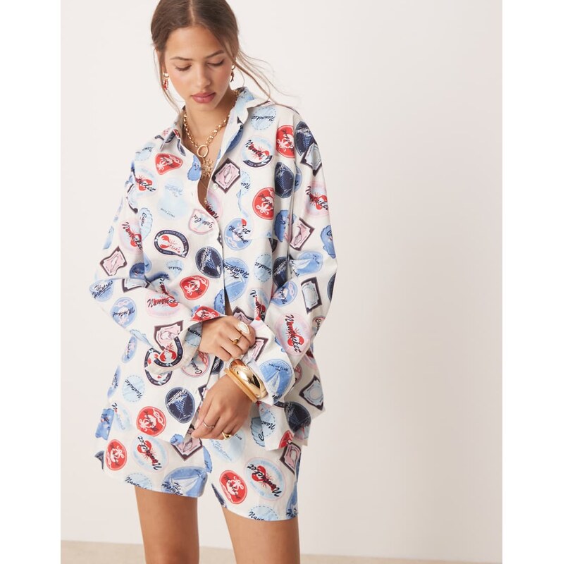 Miss Selfridge oversized shirt co-ord in holiday print-Multi 106645781