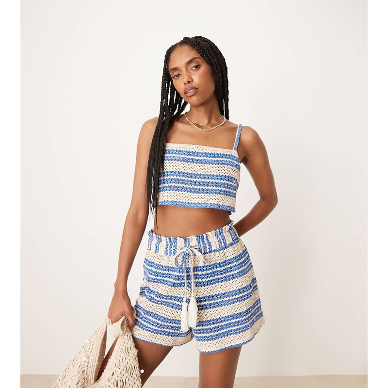 Aray crochet beach crop top co-ord in blue stripe