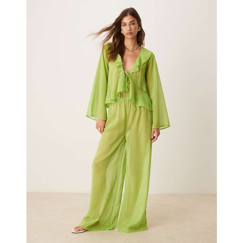 Esmee Exclusive mesh beach trouser co-ord in green 107119246