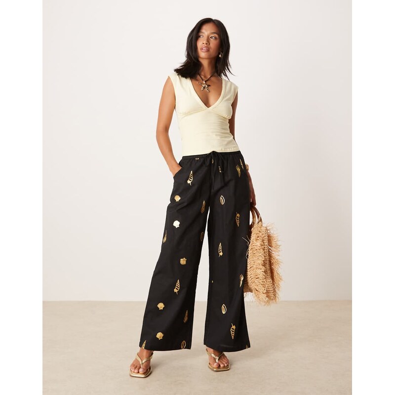 Never Fully Dressed Petite gold shell wide leg trouser in black 106645849
