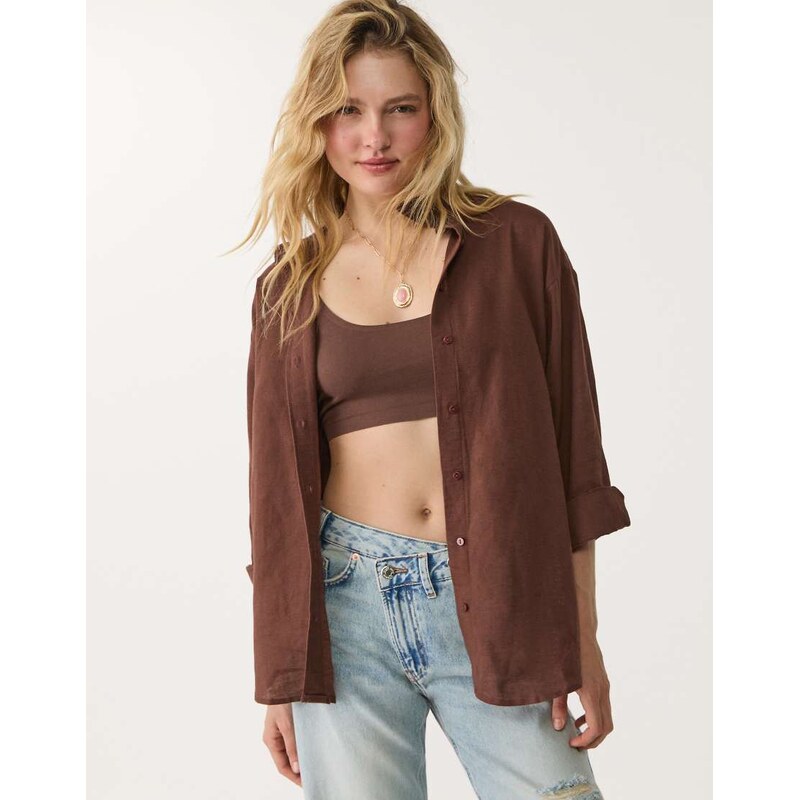 Stradivarius shirt with linen in brown 106692808