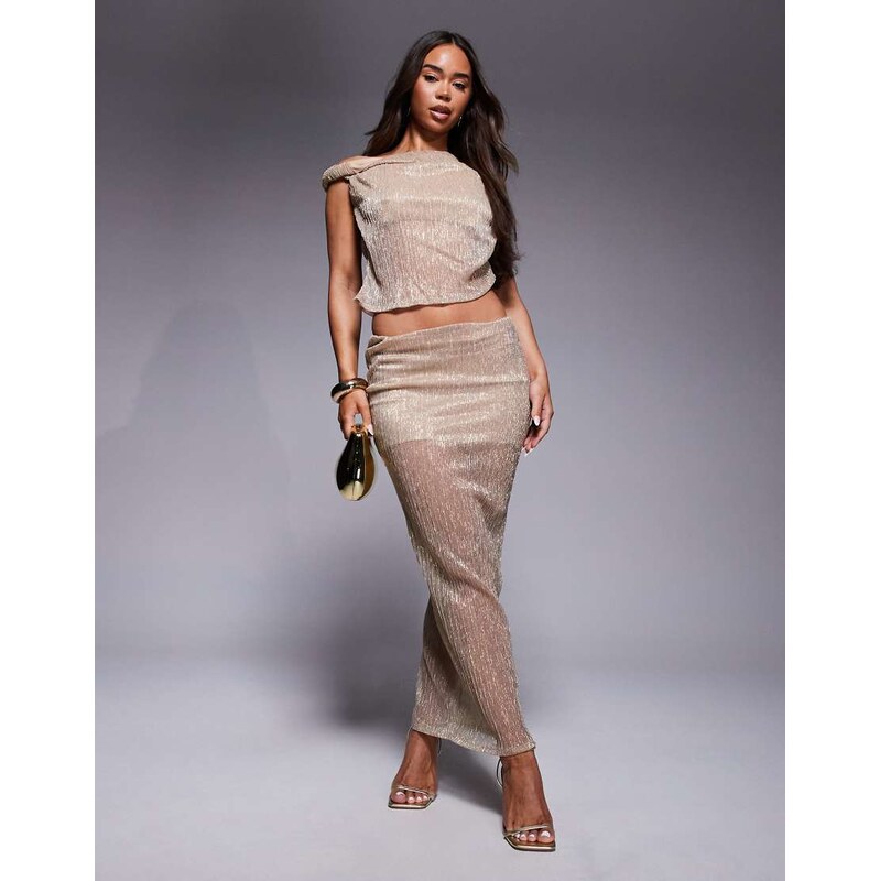 ASOS DESIGN co-ord metallic plisse twist maxi skirt in gold-Pink