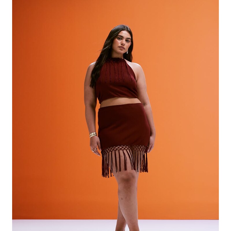 ASOS Curve ASOS DESIGN Curve co-ord fringed hem mini skirt in rust-Red 106645713