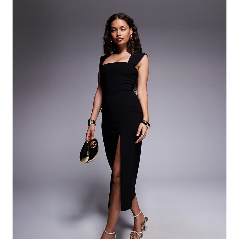 Vesper Petite bengaline square neck thigh split midi dress in black 106803955