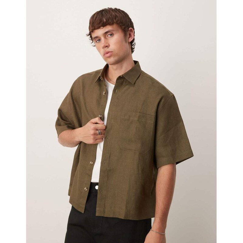 ASOS DESIGN 100% linen boxy oversized shirt in khaki-Brown 110923094