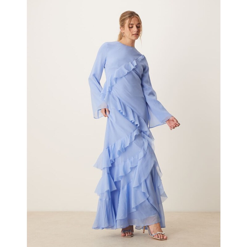ASOS DESIGN fluted long sleeve extreme ruffle maxi dress in blue